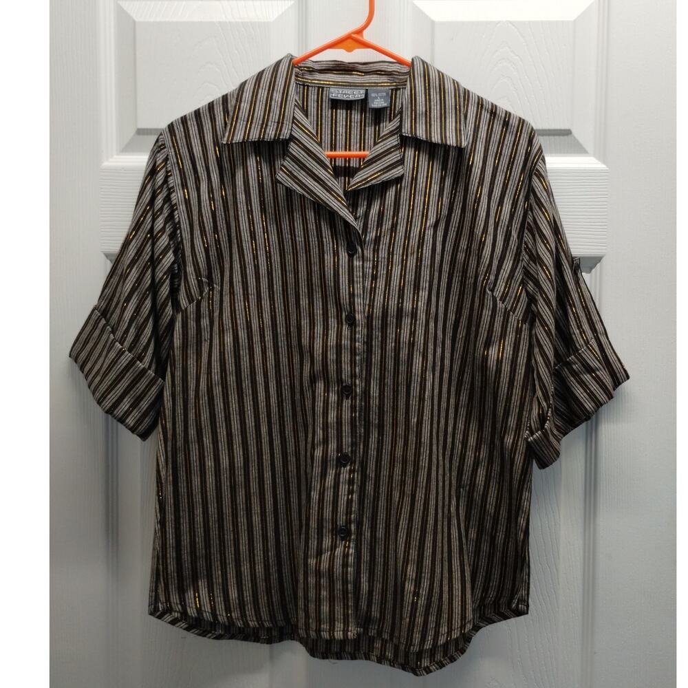 Street Fever Women's Size Large Brown Gold Metallic Striped Roll Tab Sleeve Top